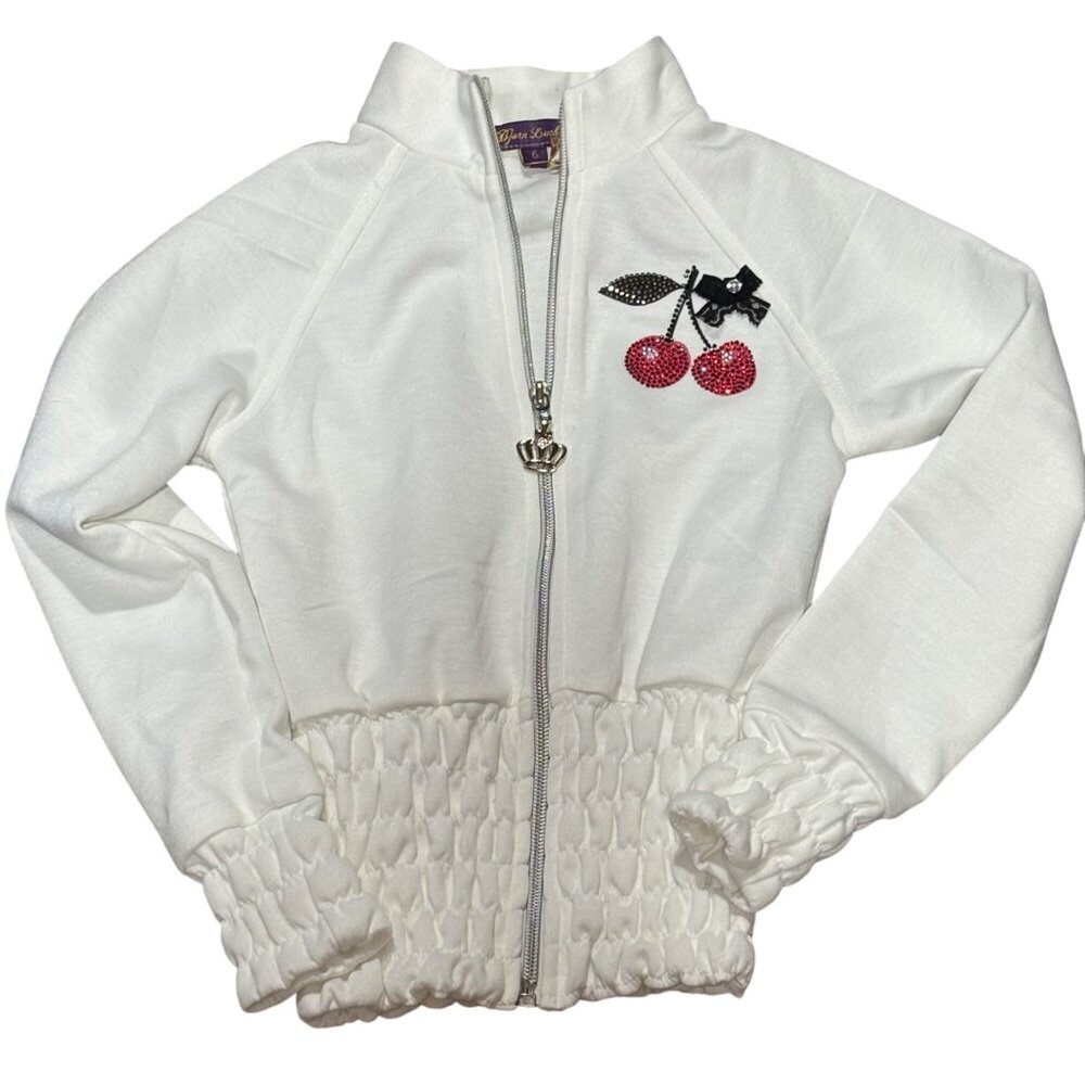 White Bjorn Lucky Girls Zip-Up Jacket With Cherry Embroidery & Smocked Waistband